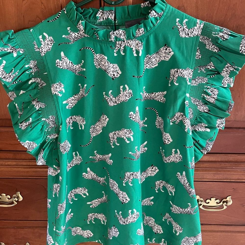 Hudson Gray Green Ruffle Sleeve Top with Tiger Print